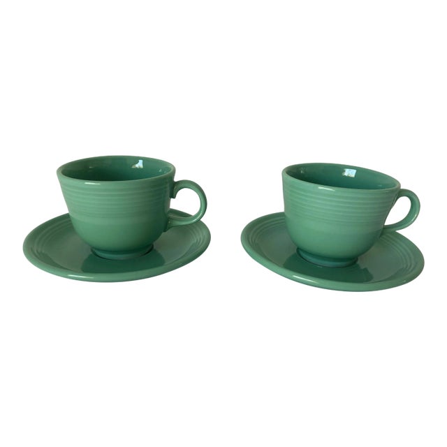Fiesta Ware Green Coffee Cups & Saucers - a Pair For Sale