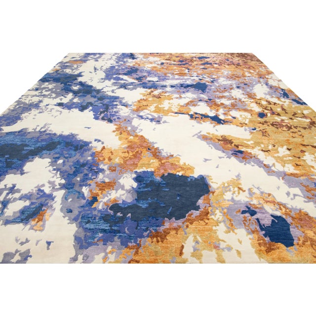 Multicolored Contemporary Wool and Silk Rug With Abstract Design For Sale - Image 4 of 11