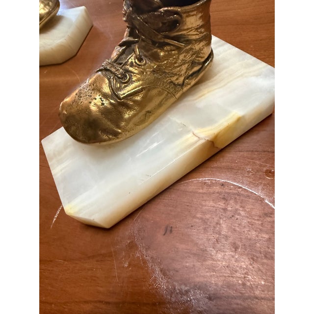 1980s Pair of Vintage Copper Bronze Clad Baby Shoes Bookends on Solid Marble Base For Sale - Image 5 of 7