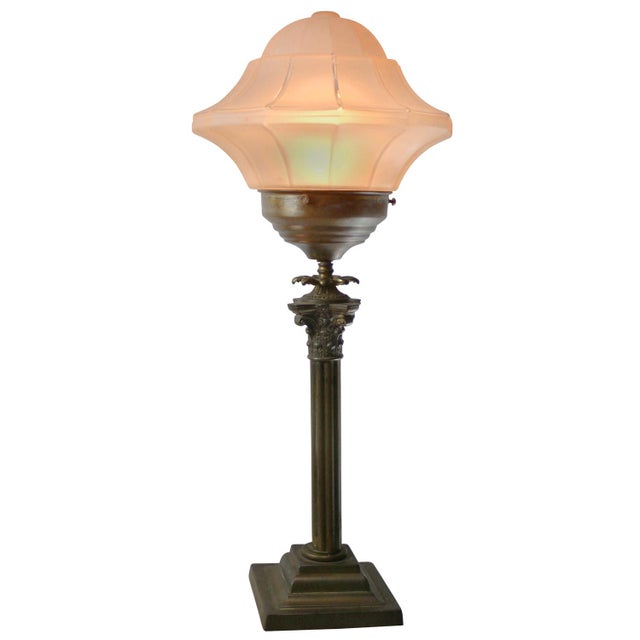 1920s Art Deco Brass and Etched Glass Table Lamp, 1920s For Sale - Image 5 of 11