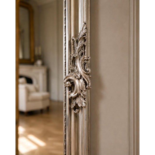 Late 20c Rococo Silver Wood Floor Mirrors by Artisans - Pair- 2 Pc For Sale - Image 11 of 18