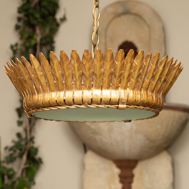 Vintage Spanish Gilt Metal Crown Chandelier with Frosted Glass and Leaf Motifs For Sale - Image 10 of 12