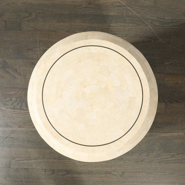 1980s Mid-Century Drum Form Brass Inlay Tessellated Stone Side Table by Maitland Smith For Sale - Image 5 of 14