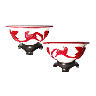 Antique Chinese Carved Red Peking Glass Bowls & Stands - A Pair For Sale