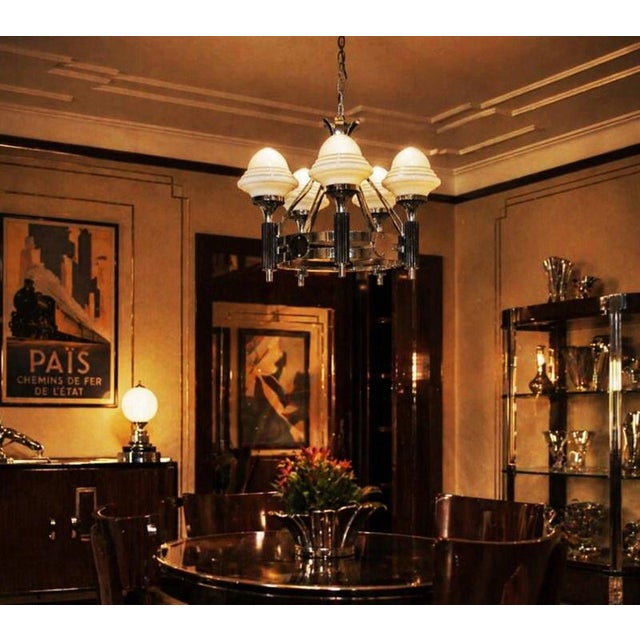 Art Deco French Five-Light Chrome, Bakelite & Opaline Glass Chandelier, 1930s For Sale - Image 3 of 18