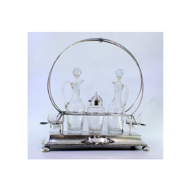 American Cruet with Silver Structure with Two Cruets and Salt and Pepper Shaker and Mustard Pot with Spoon, Set of 7 For Sale - Image 3 of 6