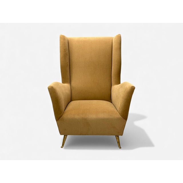 Isa Bergamo, Camel Velvet, Bronze, Wingback Chairs, Italy, 1950s For Sale - Image 4 of 14