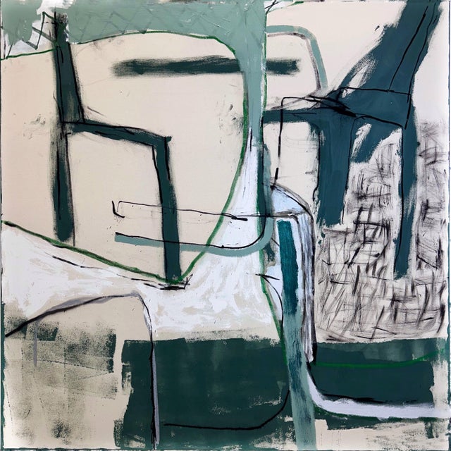 Contemporary Abstract Acrylics, Oil Sticks , Spray Paint on Raw Canvas "In-Between Spaces " by Manuela Karin Knaut For Sale - Image 4 of 4