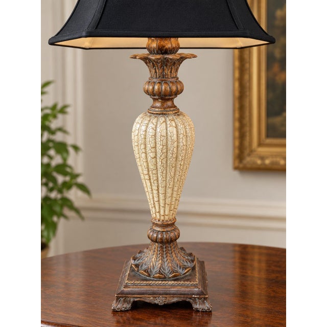 Late 20th Century Cream Neoclassical Urn Table Lamps With Black Square Bell Shades - Pair For Sale - Image 4 of 10