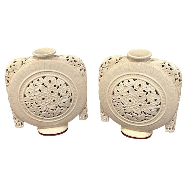 1920s French Art Deco Pierced Moon Flask Vases by, Henri Chaumeil - A Pair For Sale - Image 13 of 13