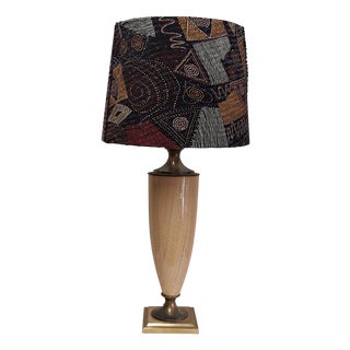 Vintage French Table Lamp with Beige Marbled Ceramic Base in Brass Mount and Fabric by Le Dauphin, 1970s For Sale