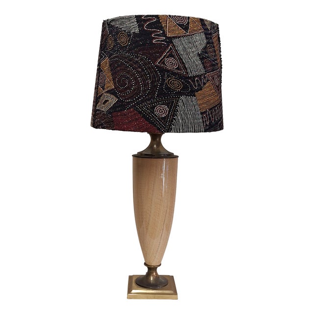 Vintage French Table Lamp with Beige Marbled Ceramic Base in Brass Mount and Fabric by Le Dauphin, 1970s For Sale