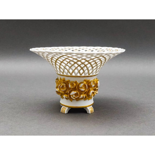 Mid 20th Century Vintage KPM White Gold Floral Porcelain Reticulated Basket Compote Pedestal Bowl For Sale - Image 5 of 7