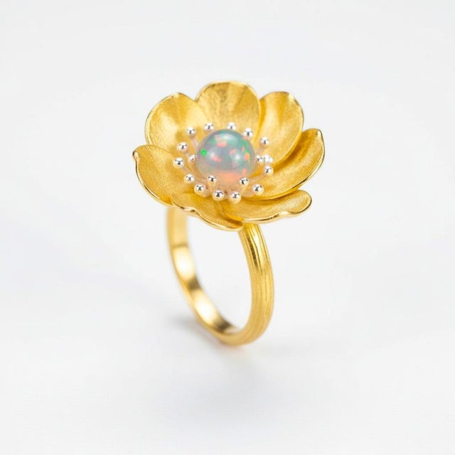 Peony Flower Ring With Opal, Size 8 For Sale - Image 6 of 9