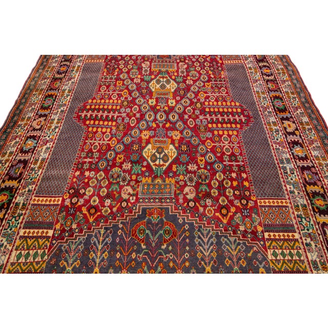 Textile Vintage Handmade Shiraz Red Geometric Wool Rug 6'8" X 9'9" For Sale - Image 7 of 10