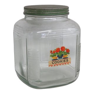 Anchor Hocking Large Square Cookie Jar Cannister Container With Green Lid 4480b For Sale