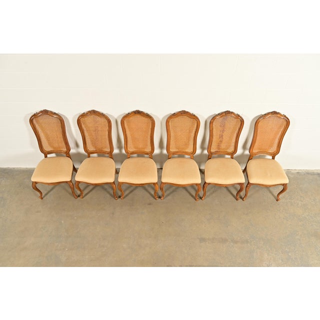 1960s Thomasville French Provincial Louis XV Carved Walnut and Cane Back Dining Chairs, Set of Six For Sale - Image 5 of 13