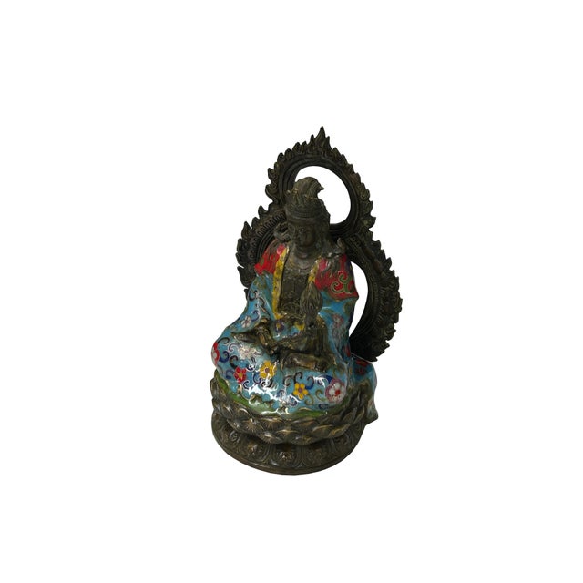 Coffee Vintage Cloisonne Enamel Lotus Bodhisattva Metal Buddha Statue For Sale - Image 8 of 11