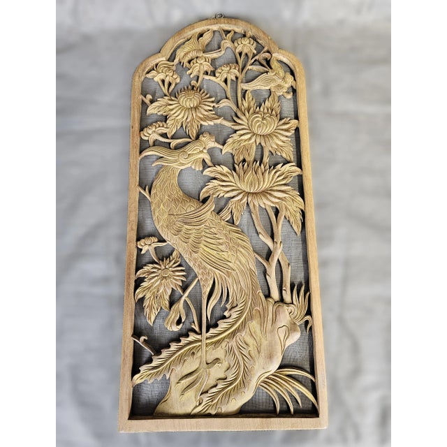 Chinese Carved Wood Relief Panel. Panel depicts a nature scene with a bird surrounded by flowers. Highly detailed Measures...