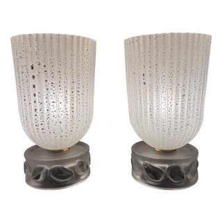 French Art Deco Ribbed Crystal Torchiere Table Lamps, Set of 2 For Sale