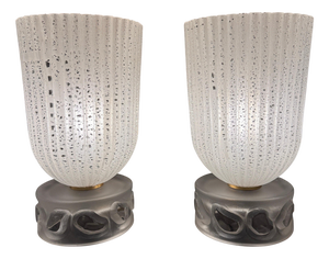 French Art Deco Ribbed Crystal Torchiere Table Lamps, Set of 2