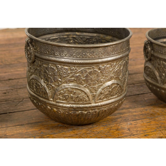 Vintage Indian Nested Silver over Brass Vessels with Repoussé Floral Décor - Set of 3 For Sale - Image 10 of 13