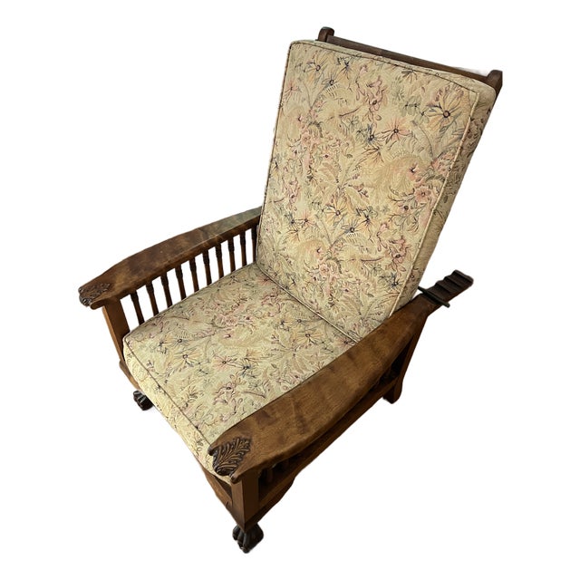 Morris Style Reclining Chair With Floral Upholstery, Oak Leaf Detail on Armrest and Claw Feet For Sale