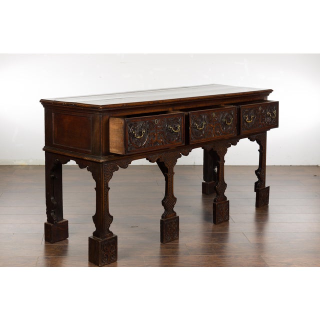 English English 19th Century Oak Sideboard with Three Low-Relief Carved Drawers For Sale - Image 3 of 12