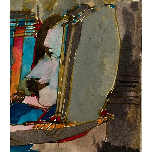 Bill Shields "Portrait of a Couple" 1990's Watercolor and ink on paper affixed to mat board Site measures 5.5"x3.5"...