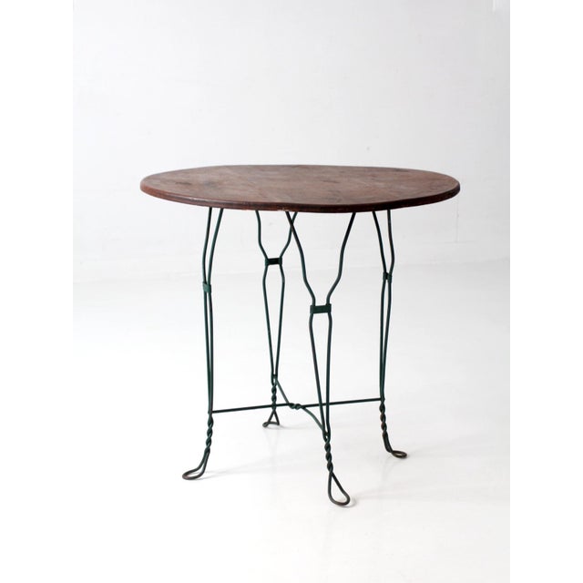 Vintage Mid-Century Wrought Iron Bistro Table With Wood Top For Sale - Image 10 of 13