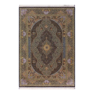 Intricate Persian Design Turkish Silk Blue Medallion Area Rug - 6'6'' X 9'9'' For Sale