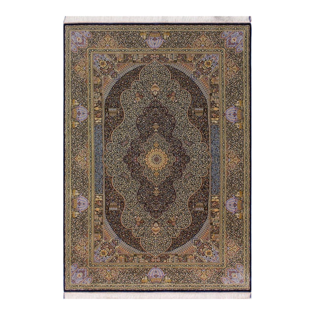 Intricate Persian Design Turkish Silk Blue Medallion Area Rug - 6'6'' X 9'9'' For Sale