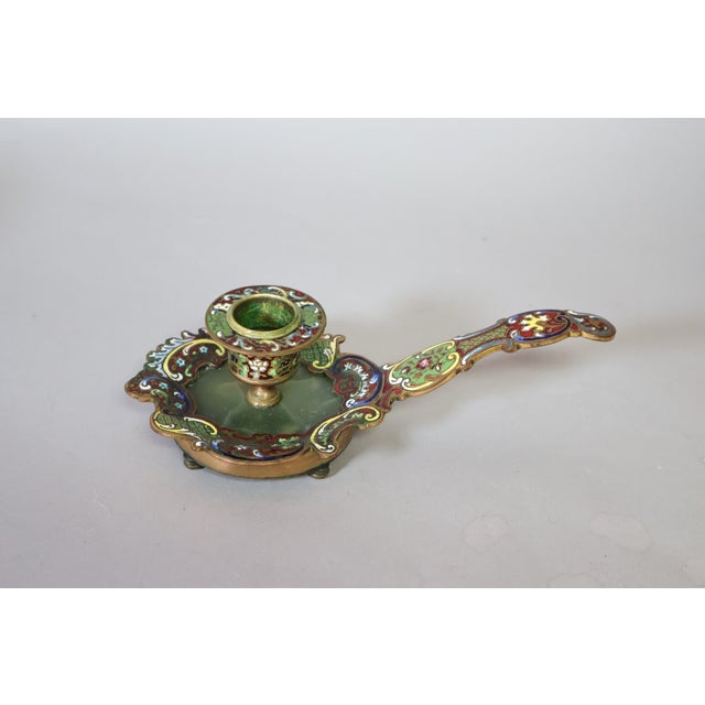 French 19th-Century French Champlevé Enamel Gilt Brass Candleholder With Green Onyx Inset For Sale - Image 3 of 8