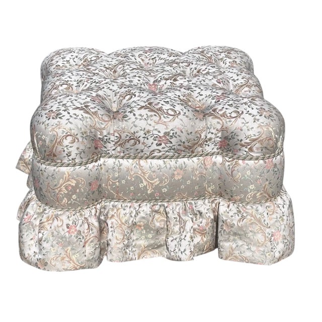 Scalamandre Silk Floral Tufted Upholstered Pouf Ottoman Footstool. Provenance: Joanne Carson Estate