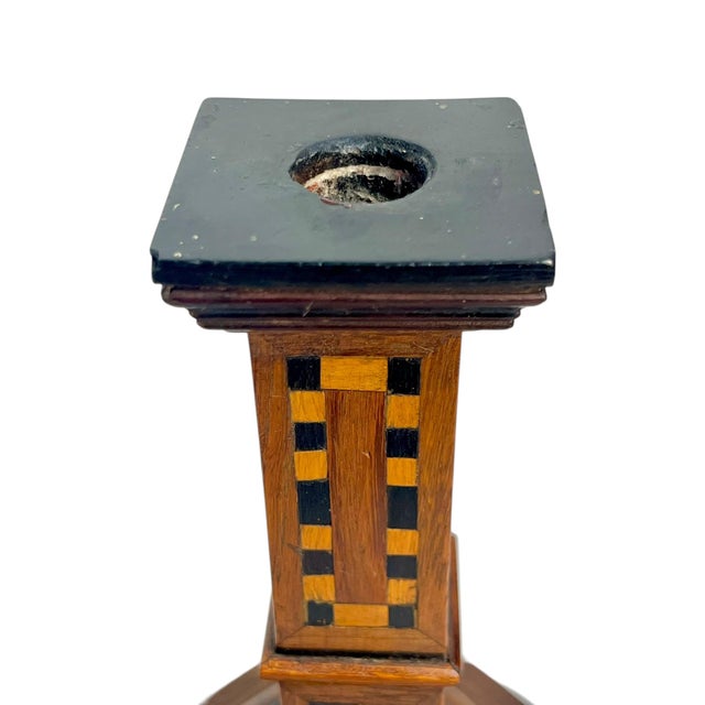 Antique Italian Marquetry Inlaid Wood Candlesticks – Pair With Octagonal Bases For Sale - Image 14 of 18