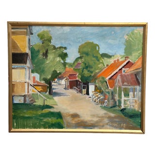 Ulfe, Street with Houses and Trees, 1982, Oil on Canvas, Framed For Sale