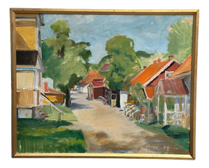 Ulfe, Street with Houses and Trees, 1982, Oil on Canvas, Framed