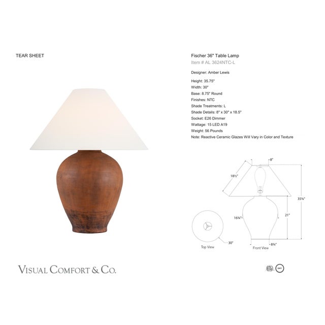 Amber Lewis by Visual Comfort Signature Fischer 36" Table Lamp in Natural Terracotta with Linen Shade Designer: Amber...