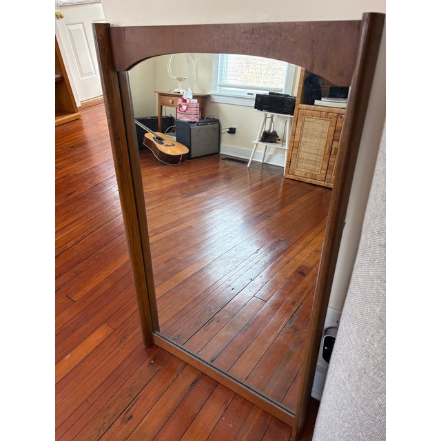 Mid-Century Modern Vintage MCM Walnut Framed Arched Top Hanging Wall Mirror For Sale - Image 3 of 8