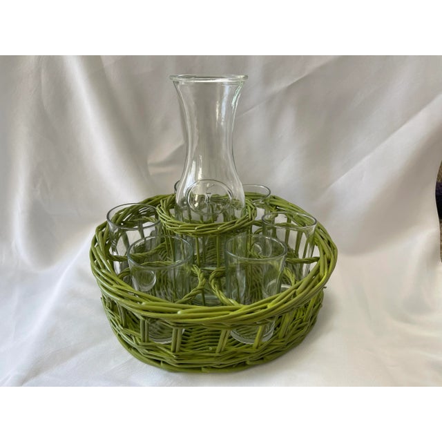 Vintage Wicker Green Sangria Wine Carafe With Glasses Set - 8 Pieces For Sale - Image 4 of 9