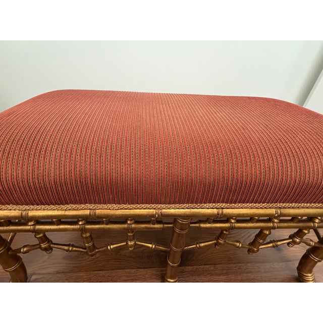 Gilt Finished Faux Bamboo Chinese Chippendale Upholstered Styled Bench For Sale - Image 4 of 6