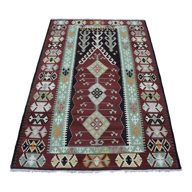 1980s Mid-Century Burgundy Flamestich Kilim Rug For Sale