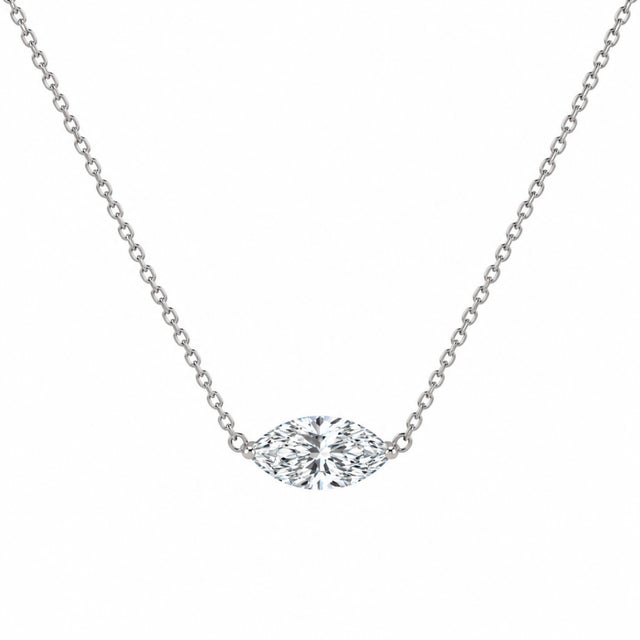14K gold solitaire necklace featuring an IGI certified 2 carat marquise cut diamond set east-west, in E-F color and...
