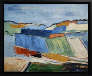 Modern Abstract Countryside Landscape Painting by Sophie Dumont, Framed
