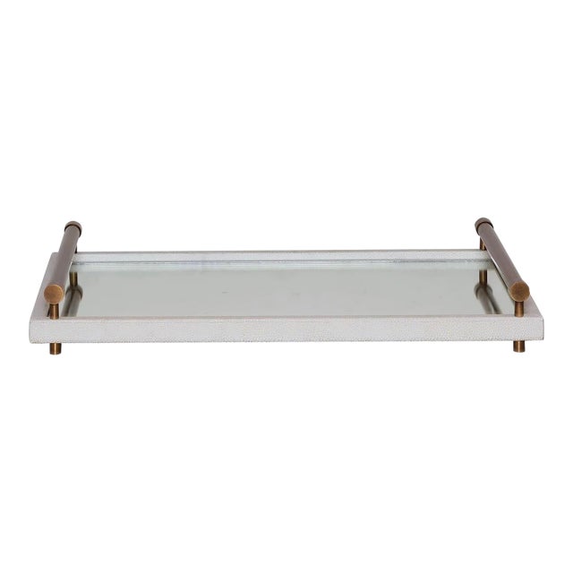 Port 68 Cairo Cream Faux Shagreen Mirrored Tray With Aged Brass Bamboo Handles For Sale