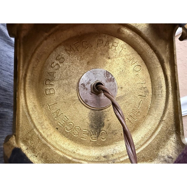 Vintage Mid-Century Modern Crescent Brass Manufacturing Co. Lamp & Slag Glass Shade. Glazed Apricot-Colored Base For Sale - Image 9 of 12