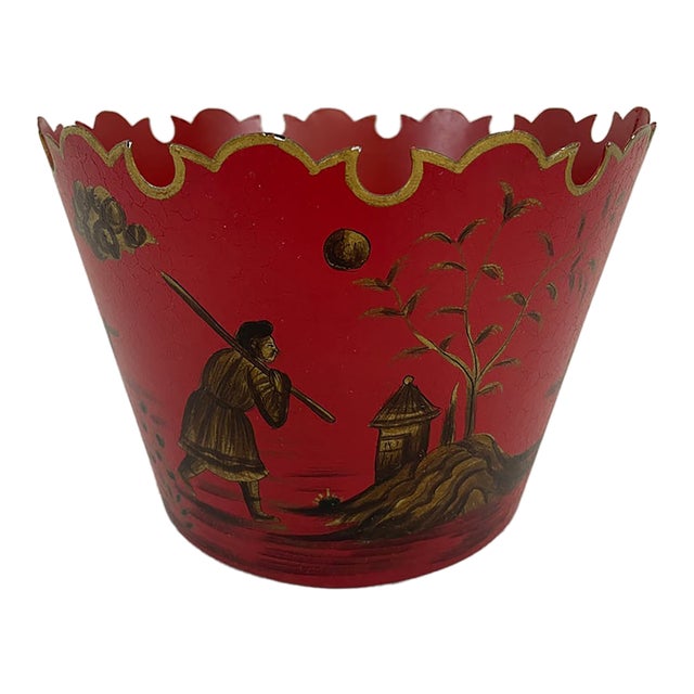 1950s-70s Chinoiserie Red Toleware Cachepot or Jardiniere For Sale