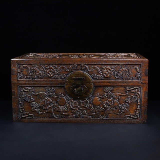 Pair of Huali Rosewood Nesting Boxes Carved With Bat & Peach Motif For Sale In Los Angeles - Image 6 of 10
