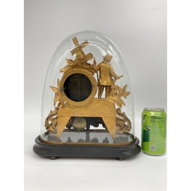 Antique French Gilt Spelter Mantel Clock Glass Dome Windmill Figural Victorian Clock C. 1880 For Sale - Image 4 of 10