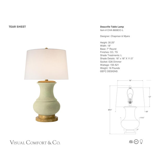 Chapman & Myers by Visual Comfort Signature Deauville Table Lamp in Celadon Crackle with Linen Shade Designer: Chapman &...